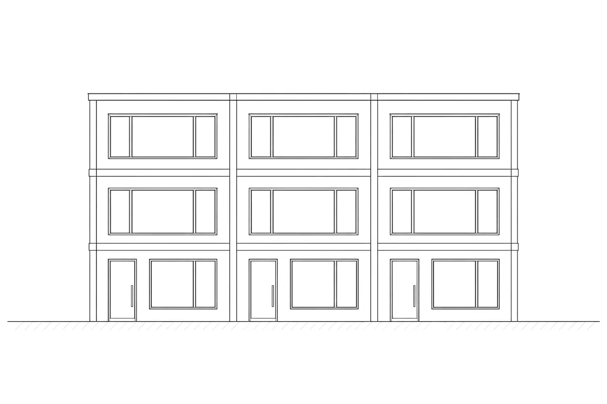 Line drawing of the street front of a three-storey multiplex with three side-by-side units